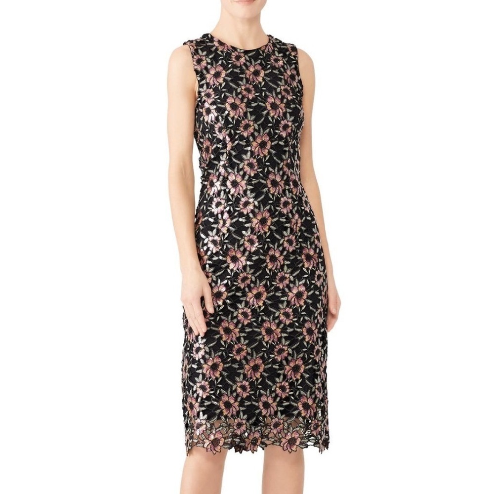 Prabal Gurung Floral Embroidered Sequin Lace Sheath Dress Black Pink Size 10